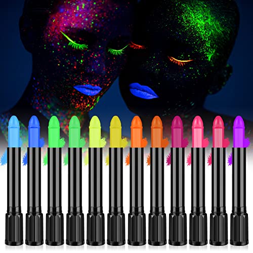 AOOWU UV Bodypainting, 12 Farben Neon UV Kinderschminke Set, Waschbar Schminkstifte Schminkfarben, Face Paint Schminkset, Körperfarbe Kinder UV Buntstifte für Halloween Karneval Make-up Fasching