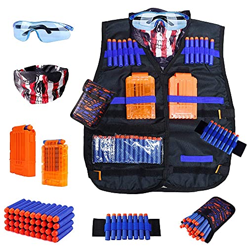 WORKER Kinder Taktische Weste Kit für Nerf Guns N-Strike Elite Serie mit 40 Kugeln nachfüllen Darts, 2 Nachlade-Clips, Dart-Beutel, Taktische Masken, Hand-Armband und Schutzbrille für Jungen