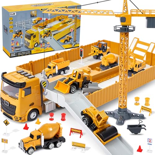 Baufahrzeuge Kinder groß LKW Fahrzeug Spielzeug Geschenke ab 2 3 4 5 Junge Geschenkideen mit Kran Bagger Dampfwalze Planierraupe Lastwagen Betonmischer Konstruktionsfahrzeuge Spielzeug Kinder Jungen
