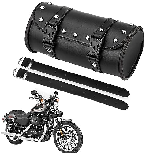 Universal Motorrad Satteltasche, Schwarz Motorrad PU Leder Werkzeugtasche, Leder Wasserdichte Satteltasche, mit 2 Befestigungsgurten, Runde Sattel Taschen, Modische Motorrad Aufbewahrungstasche