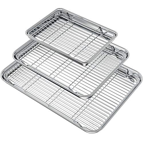 Wildone Backblech mit Gitter-Set (3 Pfannen + 3 Gestelle), Edelstahl-Backform mit Kühlgitter, ungiftig, strapazierfähig und leicht zu reinigen