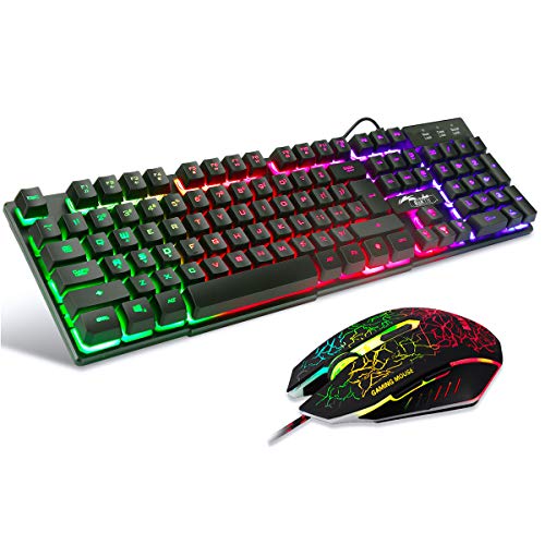 BAKTH Gaming Tastatur und Maus Set, LED Hintergrundbeleuchtung QWERTZ DE Layout, Regenbogen Farben Beleuchtete USB Wasserdicht mit 2400 DPI für Pro PC Gamer