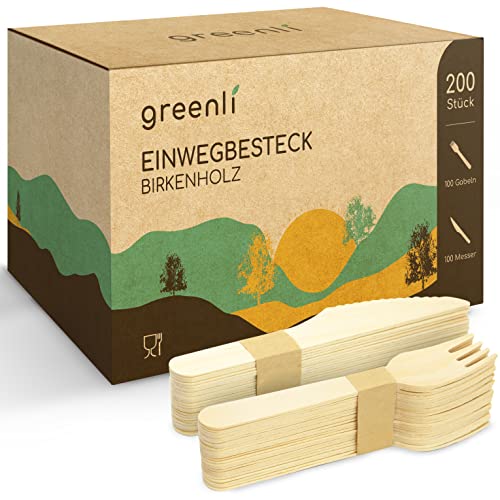 greenli® Einwegbesteck Set - 200 Holzgabeln und Holzmesser - Nachhaltiges Einweggeschirr Set aus Holz