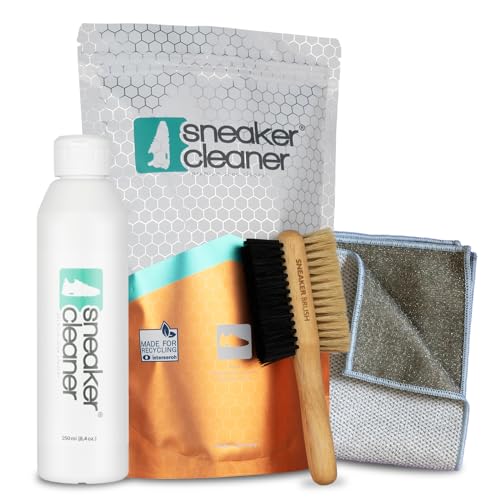 sneaker cleaner - Reinigungsset für alle Schuharten. 250ml effektiver Schuh-Reiniger + beidseitiger Naturholzbürste (weiche & harte Borsten) + hochwertigem Mikrofasertuch - Einfach saubere Schuhe