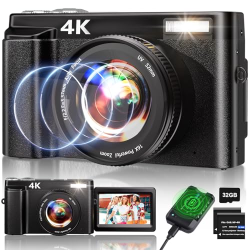 4K Digitalkamera, 48MP Autofokus Kamera Fotokamera mit 32GB Karte, 2.7'' 180° Filp-Bildschirm Vlogging Kamera für YouTube 16x Zoom Fotoapparat, Kompaktkamera für Teens Anfänger Erwachsene-Schwarz