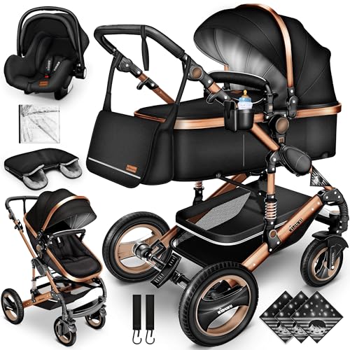 KIDUKU® 3 in 1 Kinderwagen XXL Komplettset | Kombikinderwagen Set inkl. Babywanne Buggy Sportsitz & Auto-Babyschale Fußsack | Vollgummireifen Wickeltasche Handwärmer Regenschutz Kindertisch ECE R129