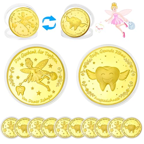 VEEKAY Zahnfee Münzen,10 Stück Zahnfee Goldtaler,Tooth Fairy Coins,Zahnfee Geschenk,Goldmünzen Kinder,Verlorenen Zahn Kinder Geschenke Souvenir,Gedenkmünze,Zahnfee Geschenke Ideen für Mädchen Junge