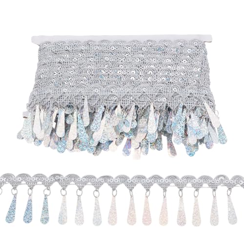 PH PandaHall 10 Yards Silber Pailletten Fransenbesatz Glitter Quaste Trim 55mm Stoff Dekorative Borte Kantenbesatz Nähen Für Vorhang Kostüm Handwerk Wohnkultur