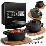 GUSSKÖNIG Dutch Oven Set Mini mit Holz-Untersetzer - 4x 300ml Gusseisen Mini Topf mit Deckel - eingebrannter Mini Dutch Oven - Mini Cocotte Gusseisen Servierpfännchen