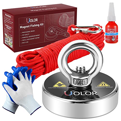 Uolor 160KG Haftkraft Neodym Ösenmagnet Magnete mit Seil (20M/66ft), N35 Super Stark Magnet Perfekt zum Magnetfischen Magnet Angel - Ø 60mm mit Öse Neodymium Topfmagnet