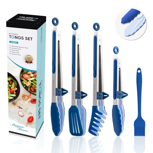 Edelstahl Küchenzange mit Silikonspitzen-5er Set,Maywe Tanso 4 Stück 33 cm Kochzange Fleischzange,Antihaft- Grillzange für Steak Pie Pizza Pasta Spaghetti Salat Grillbuffet,Plus Bürste