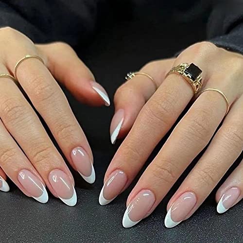 Natuce 24 Stück Französischer Nägel Zum Aufkleben, Natürlich Acrylic Künstliche Nägel mit Nagelkleber, Glossy Kunstnägel Selbstklebende Press on Nails für Frauen und Mädchen