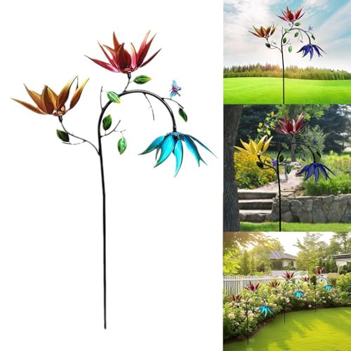180 cm Garten-Windspiel aus Metall, DREI drehende Blumen und Schmetterlinge, Windrad-Skulptur für Garten und Außenbereich