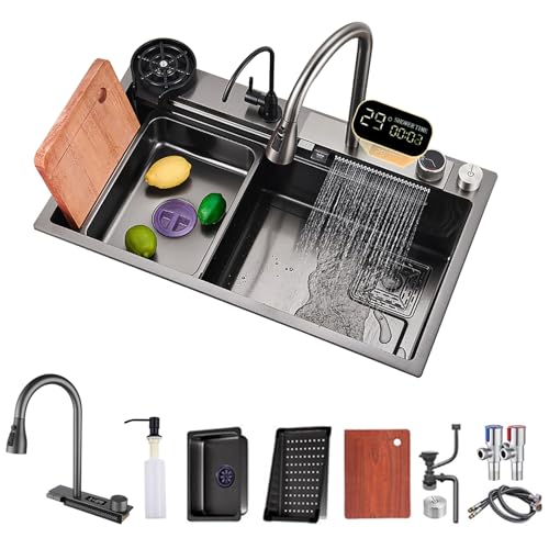FIVIXIL Arbeitsplatte Wasserfall-Küchenspüle, 80 * 46cm, ausziehbarer Wasserhahn mit digitaler LED-Temperaturanzeige, mit Tassenwaschmaschine, Schneidebrett, Seifenspender und anderem Zubehör