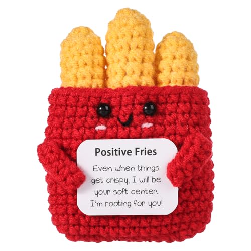 lasuroa Mini Lustige Positive Pommes Frites, 9cm Emotionale Unterstützung Positive Strickpuppe Spielzeug mit Karte Kreative Inspirierende Häkelpuppe aus Wolle Ermutigungsgeschenk für Kinder Freunde
