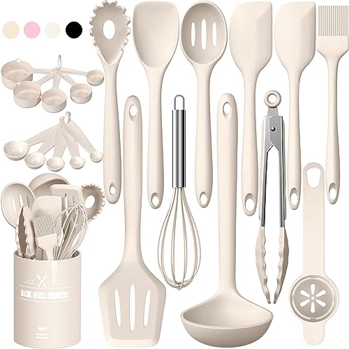 Silikon Küchenhelfer Set, 22 Stück Kochutensilien Kochgeschirr, Hitzebeständiger Kochbesteck Set mit Utensilienhalter, Gesund & Antihaft, Spülmaschinengeeigne - Khaki