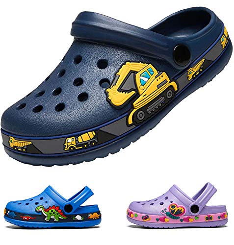 DRECAGE Unisex Kinder Clogs Pantoffeln Dinosaurier Gr.24-30 EU, Eva Gartenclogs Gummi Badeschuhe Hausschuhe für Jungen Mädchen 26 EU Dunkelblau