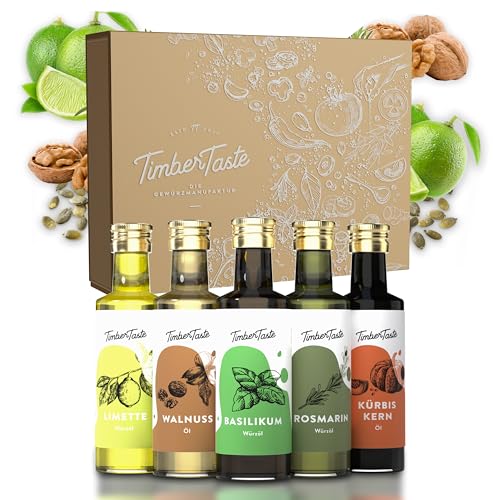 TIMBER TASTE® Essig & Öl Geschenkset Frauen [Würzig] - 5 erlesene Essige & Speiseöle [5x40ml] - Kochbox Koch Set für Sie - Geschenkideen zum Muttertag - Ausgefallenes Muttertagsgeschenk zum Kochen