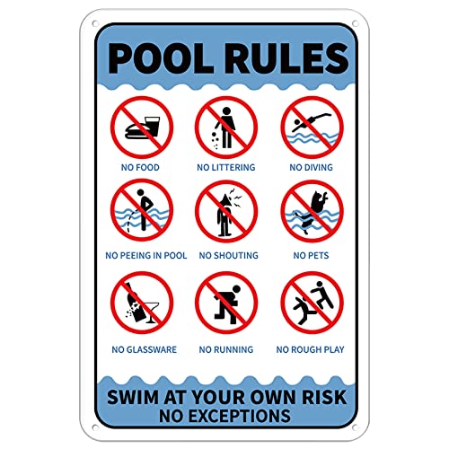 GLOBLELAND Aufschrift Pool Rules Swim at Your Own Risk No Exceptions Unterzeichnen Sie 20x30 cm 0.9 mm Aluminium Warnschild, UV geschützt und wasserdicht