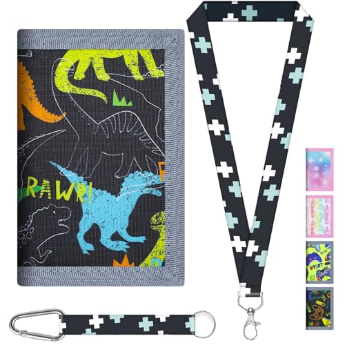 AUNGCSHE Kinder Portemonnaie Jungen, Dinosaurier Brieftasche für Alter 4-12, Trifold Brieftasche mit Schlüsselband, Weihnachten Geburtstag