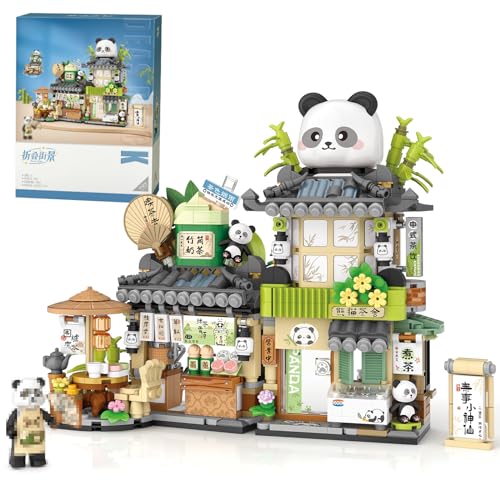 MEIEST Mini City Shop Street View Bausteine Modell Set,Simulation Tiere Architektur Sammlung Partikel BAU Ziegel Spielzeug,Home Dekoration (Panda Teehaus)