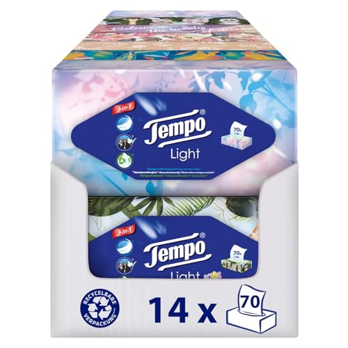 Tempo Light Box Taschentücher - Megapack - 14 Boxen, 70 Tücher pro Box - weiche Papiertaschentücher, waschmaschinenfest