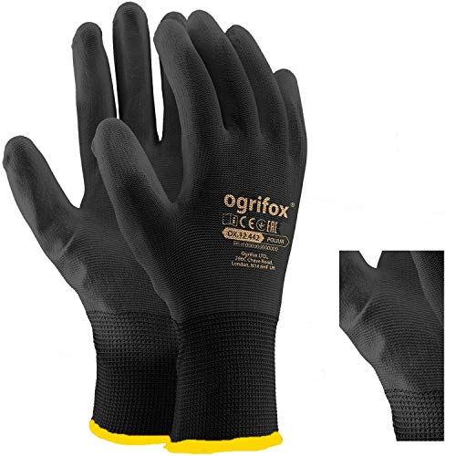 LTD Arbeitshandschuhe, PU-beschichtetes Nylon, Schwarz, 24 Paar Ideal für Gartenarbeit, Bauarbeiter, Mechaniker, runder Ajs Ltd® Sticker., schwarz