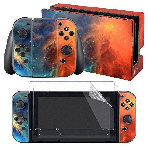 eXtremeRate Aufkleber Sticker Skin Decal Folie Abziehbild Faceplates Kleberfolie mit 2 Displayschutzfolie für Nintendo Switch/NS Konsole&Joy-Con&Dock&Griff(Orange Galaxie)