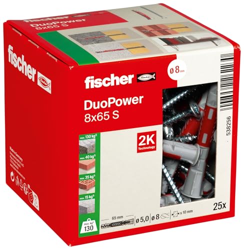 fischer DuoPower 8 x 65 S, Universaldübel mit Sicherheitsschraube, 2-Komponenten-Dübel, Kunststoffdübel zur Befestigung in Beton, Ziegeln, Stein, Gipskarton uvm., 25 Dübel + 25 Schrauben