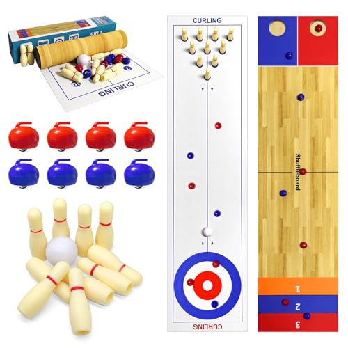 4 in 1 Tabletop Brettspiel Set, Shuffleboard Tabelletop Spiele,Shuffleboard Bowling Curling Cornhole Spiel, Interaktive Tabletop Brettspiele Ideal für Schule, Haus, Büro, Party