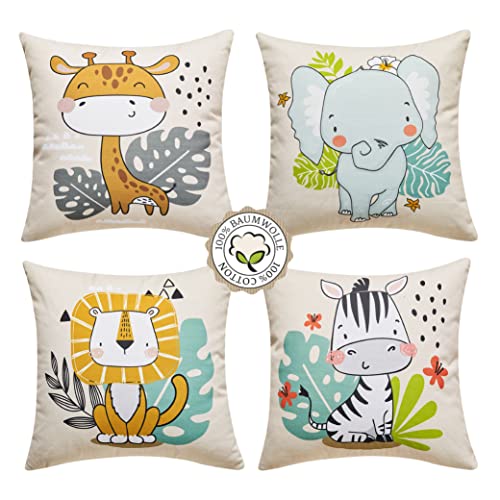 100% Baumwolle Kinder Kissenbezüge 4er Set (40x40) | Tiermotive: Giraffe, Löwe, Elefant, Zebra | Deutsche Qualitätsstandards | Kinderzimmer Deko