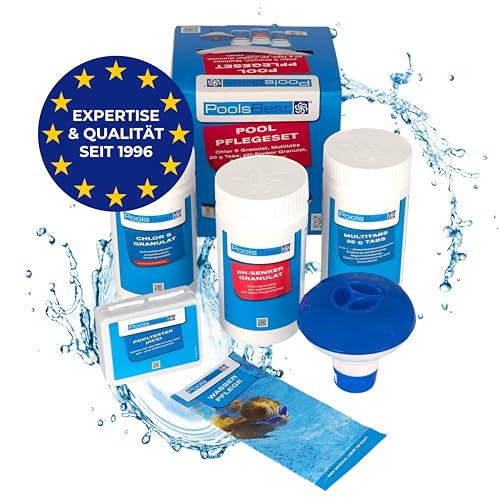 PoolsBest Pool Starter Set 5 in 1 I Pool-Reinigungsset komplett zur Wasserpflege I Pool Zubehör Set für Einsteiger I Mini-Multitabs, Dosierschwimmer, Pooltester, pH-Senker, Chlorgranulat & Anleitung