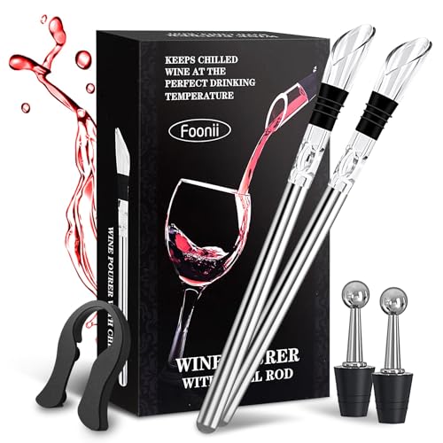 Foonii 7-in-1 Weinkühlstab, Weinkühler Stab aus Edelstahl inkl. 2 Stäben+2 Ausgießer+2 Flaschenverschluss + Folienschneider, Vinobuddy Kühlstab | Bar Geschenk Männer Frauen