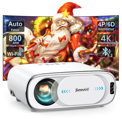 Beamer 4K KI Auto-Objektivdeckel Auto-Fokus Auto-6D Trapezkorrektur Smart Beamer WiFi6 Bluetooth Jimveo 26000L 1080P Full HD Tragbare Projector 50% Zoom,300" Display Am Abend Outdoor Beamer Heimkino