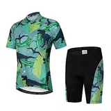 Kinder Radtrikot Set Kleidung Jungen Mädchen Shorts Pad Anzüge, Grün Dinasore, Small