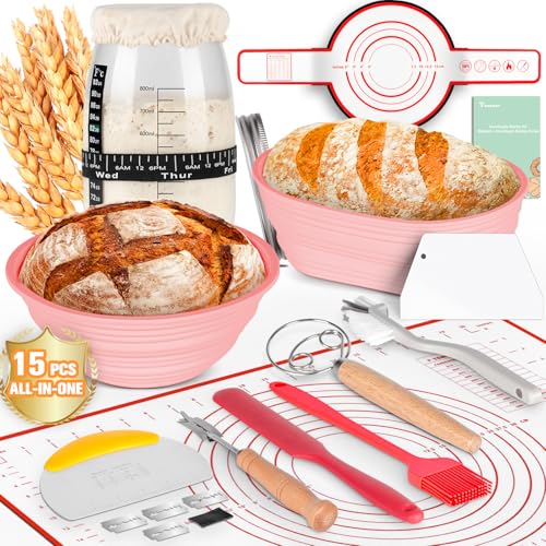 Komplettes Sauerteig-Starter-Set, 1000 ml, Sauerteig-Brot-Starterglas und 15-teiliges All-in-One-Sauerteig-Brot-Backzubehör, Sauerteig-Brot-Starter-Set inklusive 2 Silikonkörben, Backmatte und mehr