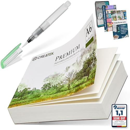 CreaTek Aquarellpapier A6 300g mit 60 Blatt [ Premium Qualität für brillante Aquarelle ] Naturweiß & Kaltgepresst Aquarellblock A6 inkl. Gratis Zubehör & Videokurs - Aquarellpapier Karten