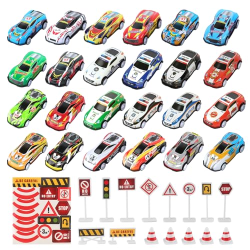 kayqbonke 24 Stück Mini Auto Set, 6,8x3,3x1,8cm Metall Stunt Spielzeugauto Mit 15 Barrikaden, Zufälliger Stil, Metall Kleine Spielzeugautos Können für Kindergeschenke