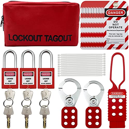 Lockout Tagout Kit Elektrisches Loto – Gruppenverriegelungshaspen, Lockout-Tags, Sicherheitsvorhängeschlösser mit Nummer, Nylonbänder mit Taschentasche (rotes Set)