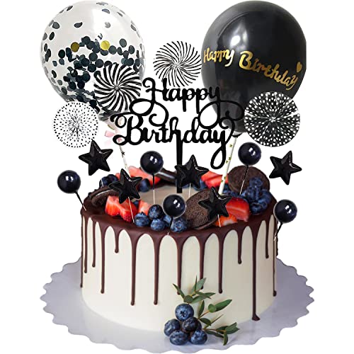 17 Stück Happy Birthday Kuchendeko Schwarz Geburtstag Tortendeko Junge Geburtstag Kuchendekoration Schwarz Sterne Cake Topper Glitzer Geburtstagstorte Kuchen Topper Mit Konfetti Luftballon (Schwarz)