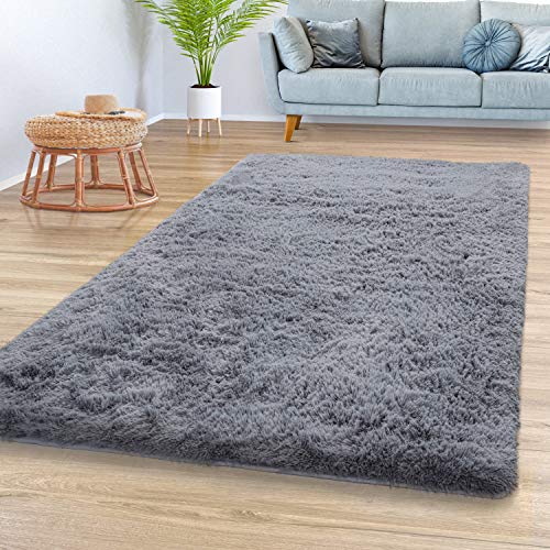 TT Home Teppich Wohnzimmer Hochflor Langflor Weich Soft Modernes Einfarbiges Design, Farbe: Grau, Größe:80x150 cm