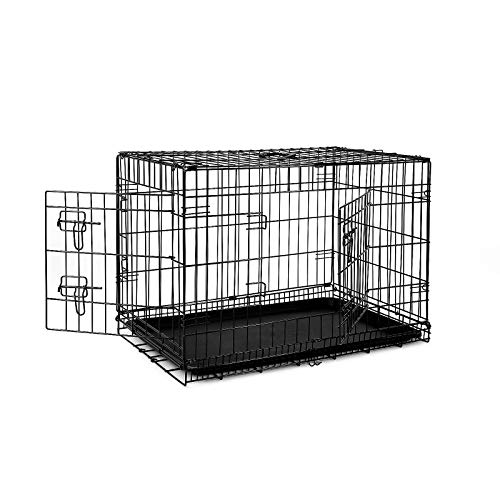 lionto Tiertransportbox für Hunde und Katzen, vielseitiger Transportkäfig mit hygienischer Kunststoffwanne, 76x49x56 cm, Hundebox aus Metall mit stabilen Sicherheitsverschlüssen & Trennwand, schwarz