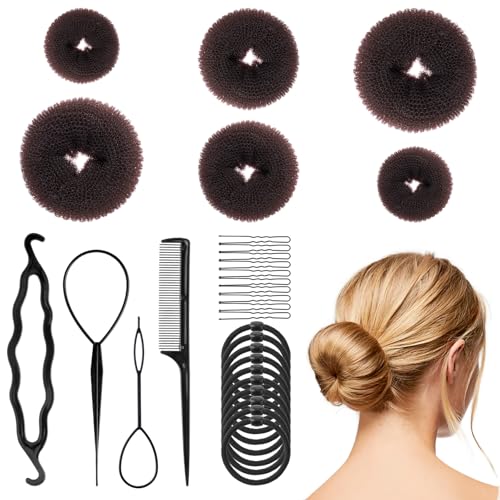 6 Stück Duttkissen Set Groß Klein Haardutt mit 10 Schwarz Haargummis 30 U-förmiger Haarnadel und 4 Frisurenhilfe Donut Hair Bun Maker Set für Kinder Mädchen Frauen Kaffeefarbe