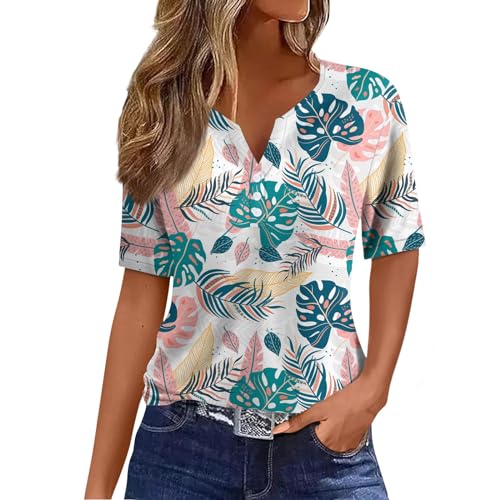 Polo Shirt Oberteile Damen Elegant Opus Shirt Damen V-Ausschnitt Blumen Bedruckt Blusenshirt Mit Knopfleiste Henley Shirt Locker Laufshirt Hemdbluse Festliche Oberteile Sport Shirt (Hellblau, XL)