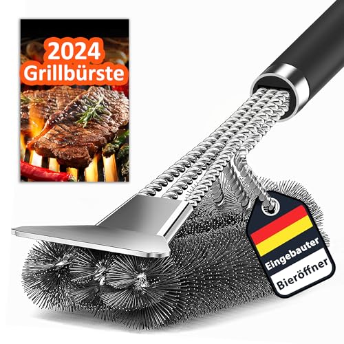 Grillbürste, Update Grill Reinigungsbürste mit Edelstahl Bieröffner, Spatel und Borsten. PP Wärmedämmung Griff, für Gasgrill, Holzkohlegrill, Kugelgrill, Elektrogrill und Grillrost.