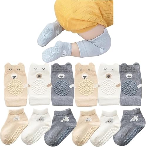 MUSLONG Baby Krabbeln 3 Paar Baby Knieschoner und 3 Paar Baby Socken,Anti Rutsch Krabbelhilfe mit Gummipunkte Krabbelschoner Stulpen Knieschützer für Kleinkinder 0-24 Monate (6-12 Monate)