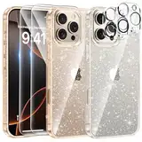 AROYI 5 in 1 Klar Glitzer Handyhülle Kompatibel mit iPhone 16 Pro Hülle Glitzer mit 2 Schutzfolie + 2 Kameraschutz, Handyhülle Kompatibel mit iPhone 16 Pro Transparent Weiche TPU Silikon Case