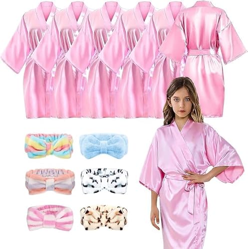 TESIN 12 Stück Spa-Bademantel für Mädchen, 6 rosa Satin-Kimono-Bademäntel mit 6 Hautpflege-Stirnbändern für Salon, Hochzeit, Geburtstag, Party, Zubehör, Größe 6, 116-120