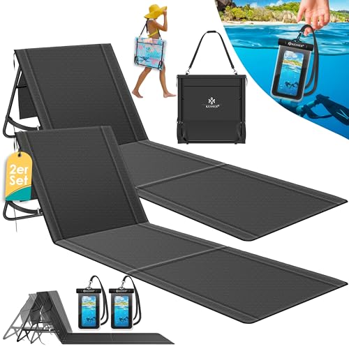 KESSER® Strandmatte klappbar mit Verstellbarer Rückenlehne, Strandliege faltbar mit Tragegurt, wasserdichter Handyhülle & Aufbewahrungstasche, Sonnenliege für Strand Garten Terrasse, Liegematte 130Kg