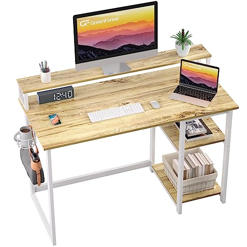 GreenForest Computer Schreibtisch mit vollem Monitor Stand und Reversible Aufbewahrungsregale,100cm Home Office Schreibtisch mit Kopfhörerhaken und Becherhaken,Studie Gaming Workstation Tisch,Beige